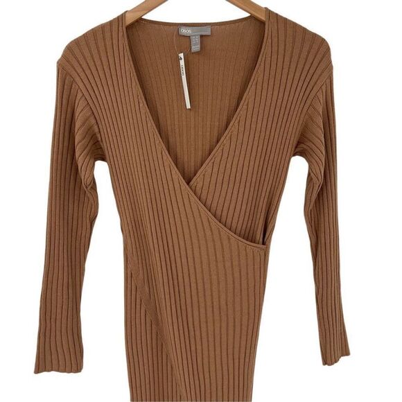 ASOS Design Knit Rib Midi Dress Faux Wrap Long Sleeve Stretchy Women US 4 Tan - Picture 3 of 9